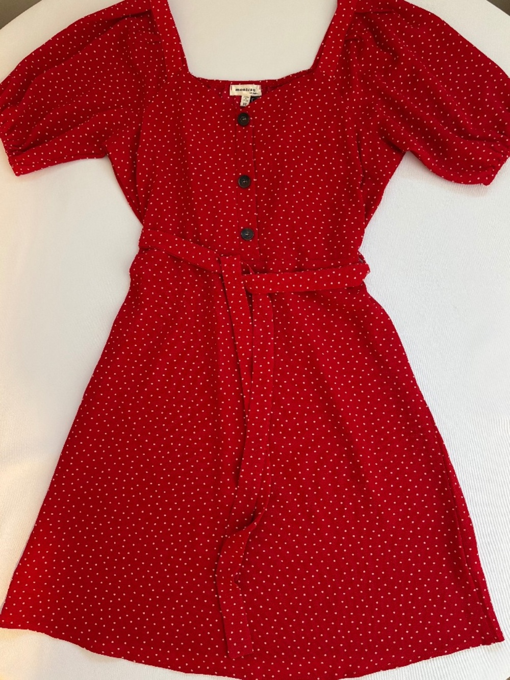 Red Polka Dot Button Front Dress Puff Short Sleeves Belted Size M Monteau